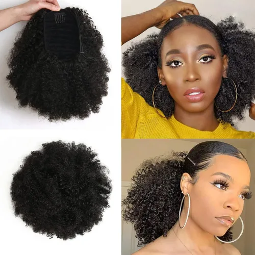 Vista 11 de Extensión de cola de caballo afro rizada encrespada con cordón para mujeres, cola de caballo afro con cordón, rizos encrespados sintéticos, piezas