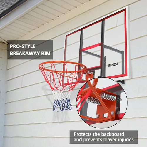 Vista 6 de PEXMOR Kit combinado de aro y portería de baloncesto para montaje en pared, tablero de policarbonato inastillable, marco de acero inoxidable