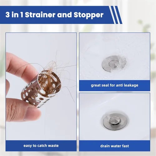 Vista 3 de Colador universal para desagüe de lavabo de baño atrapa cabellos, 2 piezas mejoradas con cesta de filtro de acero inoxidable extraíble, tapón