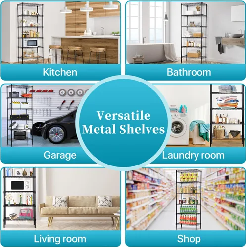 Vista 7 de Estantería de 6 alambres ajustable, estante de almacenamiento de metal con patas niveladoras para armario, lavandería, despensa, cocina, garaje