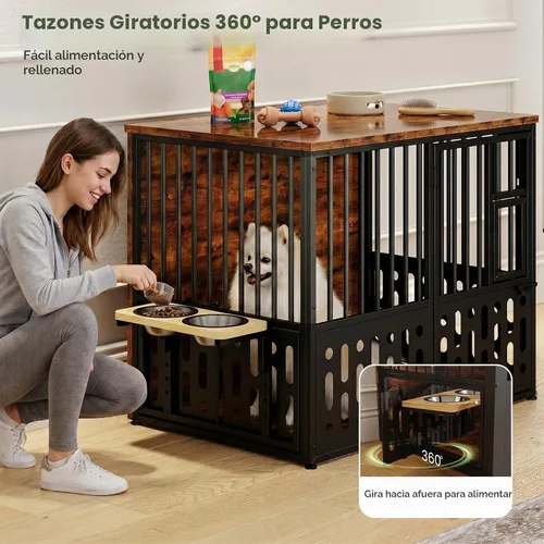 Vista 4 de Yafylly Jaula para perros pequeños de 32 pulgadas, muebles de madera para perros pequeños y medianos, ventana interactiva, cuencos ajustables