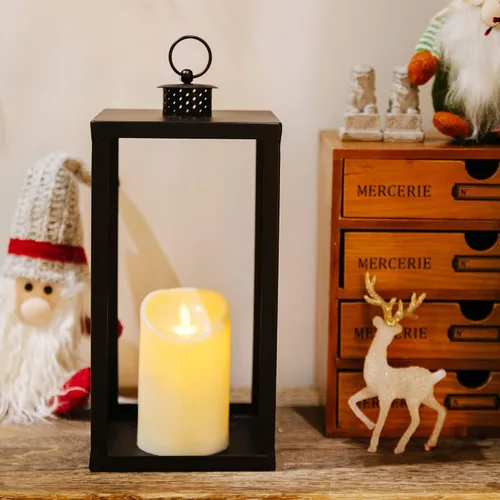Vista 4 de HPC Decor - Juego de 2 faroles decorativos de metal negro con velas parpadeantes con temporizador, 16.5 pulgadas y 13 pulgadas de grosor, grandes