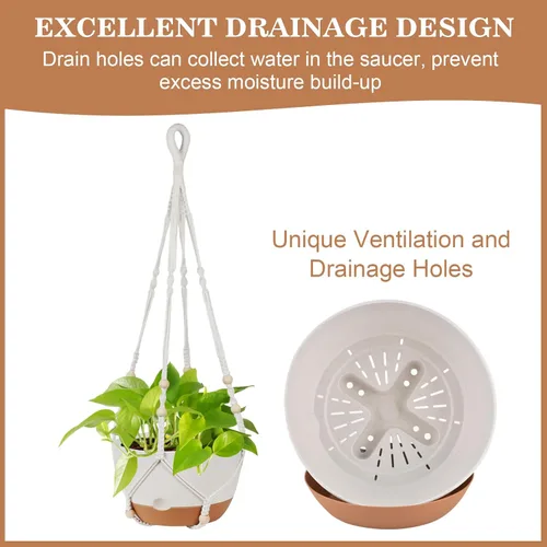 Vista 8 de Paquete de 3 macetas colgantes para plantas de interior, maceta colgante de riego automático de 10 + 10 + 8 pulgadas, colgador de plantas de macramé