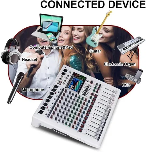 Vista 6 de GF8PRO - Consola de DJ profesional de 8 canales, con ecualizador de 7 etapas, 99 efectos de reverberación, pantalla LCD a color, función de silencio