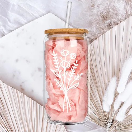 Vista 7 de Bonitas tazas de vidrio con tapas y pajitas, taza de café helado estética, tazas de flores, vaso personalizado con pajilla, regalos de cumpleaños