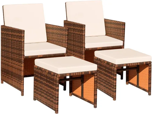 Vista 2 de Devoko Juego de 4 muebles de mimbre para patio, sillas de patio al aire libre con otomanas, sillas acolchadas para todo tipo de clima, muebles