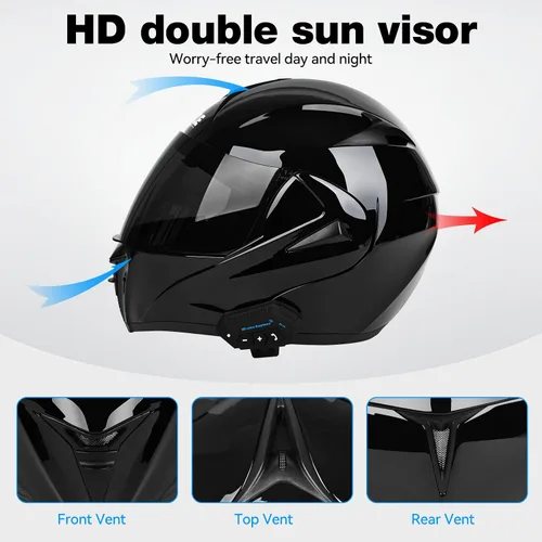Vista 6 de Casco modular de motocicleta Bluetooth aprobado por DOT/ECE de cara completa, abatible, antivaho, doble visera, casco con altavoz dual integrado
