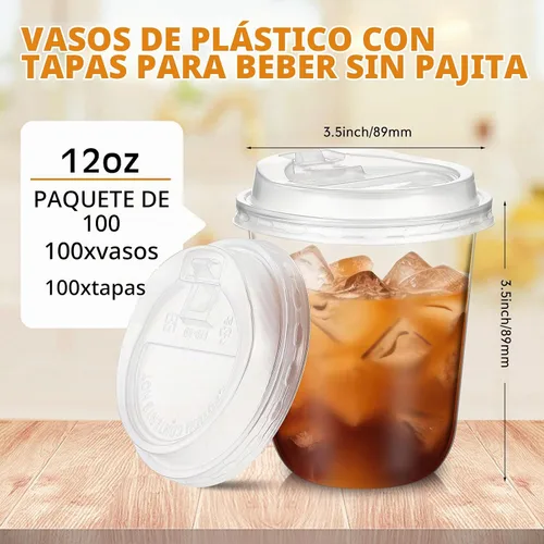 Vista 3 de Baderke Juego de 100 vasos desechables de plástico transparente de 12 onzas con tapas, tazas de café helado de fondo redondo con tapa para batidos