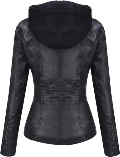 Vista 3 de Springrain Women's Faux Leather Jacket Moto Biker Coat with Detachable Hood Motorcycle Jacket