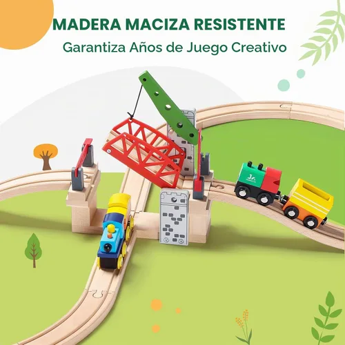 Vista 3 de SainSmart Jr. Juego de accesorios de tren de madera, puente de elevación movible con riel para niños, compatible con Thomas, Brio, Chuggington
