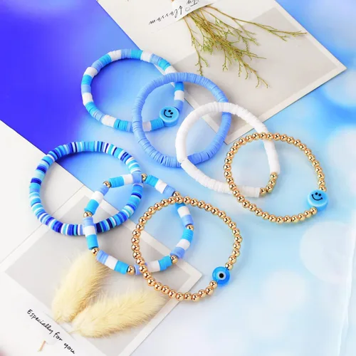 Vista 2 de Wonlte - Juego de pulseras de cuentas de arcilla Heishi, pulseras elásticas apilables con cuentas de mal de ojo, pulseras elásticas apilables