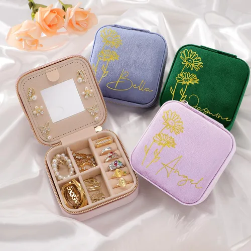 Vista 4 de Joyero personalizado de terciopelo con espejo, diseño de flores de nacimiento personalizadas, organizador portátil de cumpleaños, día de la madre
