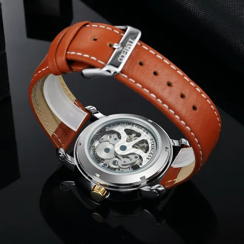 Vista 6 de TIME100 Relojes de pulsera mecánicos analógicos con esfera grabada hueca para hombre, Reloj mecánico de cuerda automática para hombre