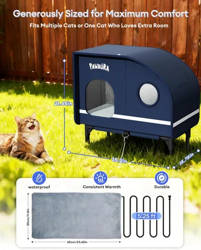 Vista 3 de Casa climatizada para gatos resistente a la intemperie para gatos al aire libre, refugio grueso estilo cámper con almohadilla térmica termostática