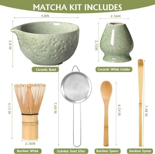 Vista 2 de Juego de té de batidor matcha: kit de matcha japonés – Cuenco de cerámica de bambú con soporte para cuchara medidora, cuchara medidora, práctica