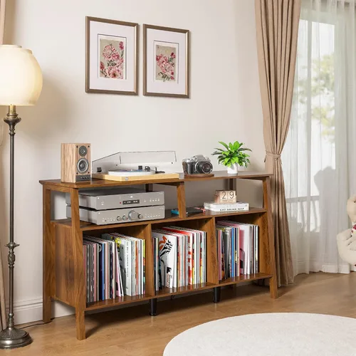 Vista 7 de Mxtxmy Soporte grande para tocadiscos, mesa giratoria de mediados de siglo con almacenamiento abierto con capacidad para hasta 450 álbumes, estante