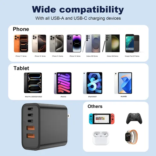 Vista 2 de Bloque de cargador USB C, bloques de carga 5 en 1 de 60 W, cargador rápido PD 3.0, enchufe de pared negro QC 2A, bloque de carga multipuerto tipo C