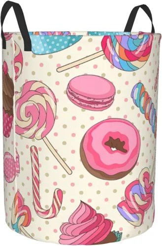 Vista 2 de Cesta de almacenamiento circular Protable con estampado de magdalena de piruleta dulce, cesta para ropa sucia con asas, ropa de dormitorio