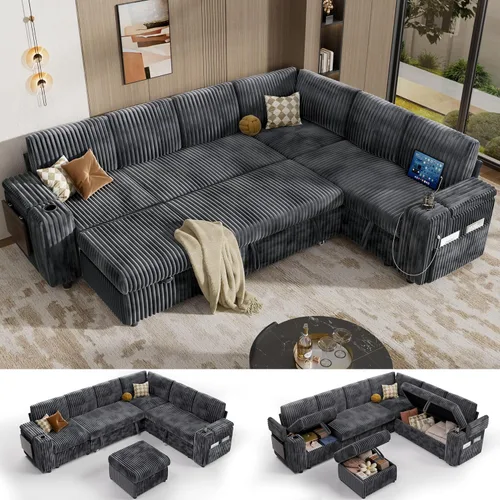 Vista 28 de Vipbear Sofá cama modular de 86 pulgadas con cama extraíble, sofá en forma de L de pana de felpa de 3 asientos con diván de almacenamiento, puertos