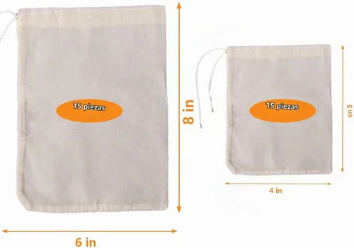Vista 2 de 30 piezas de bolsas de especias de algodón natural para cocinar: 4x6, 6x8 Filtros de té reutilizables con cordón, ideales para colar sopas, bolsitas