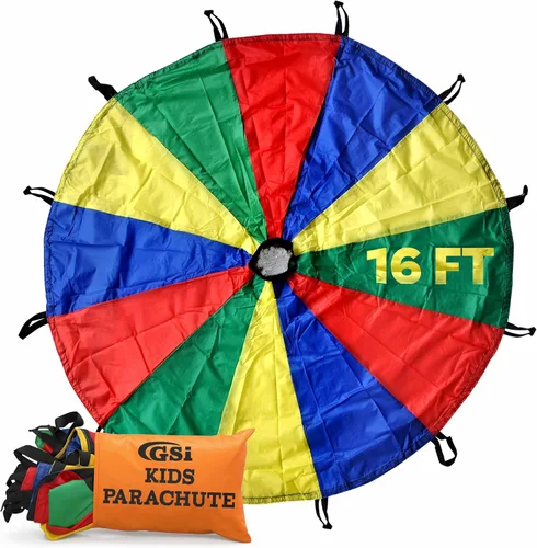 Vista 9 de GSi Paracaídas de juego para niños, paracaídas arcoíris, juego de tienda de campaña para niños, para gimnasia, juego cooperativo y actividades