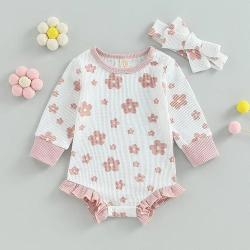 Vista 2 de Ropa de bebé recién nacida, sudadera floral de manga larga, mameluco con volantes, diadema de gofre, traje de otoño de una pieza