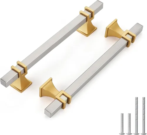 Vista 12 de Haliwu Paquete de 5 tiradores de gabinete con barra en T negra y dorada de 3 pulgadas, tiradores de puerta para armarios de cocina, manijas de zinc