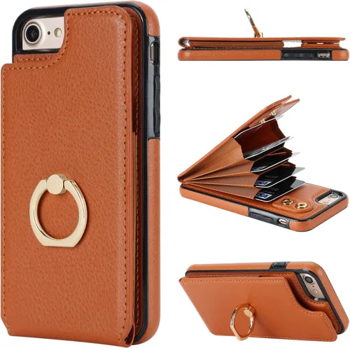 Vista 11 de Folosu Funda tipo cartera para iPhone SE con soporte para tarjetas, soporte de anillo de rotación de 360 grados, función de protección RFID, de piel