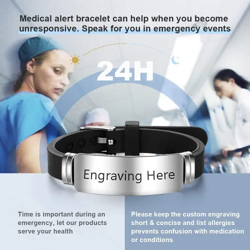 Vista 101 de OPALSTOCK Pulseras médicas personalizadas de silicona ajustable para identificación de emergencias, grabado gratuito, 9 pulgadas, resistente al