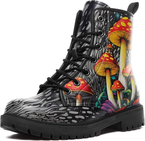Vista 10 de Botas de Combate Florales de Setas para Mujer - Botas Góticas de Bosque Witchcore Tacón Grueso Cuero Vegano Moda con Cordones Botines Negros