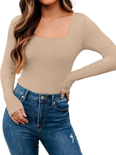Vista 2 de PINKMSTYLE Camiseta de manga larga con cuello cuadrado de doble forro para mujer, ajustada, ropa interior térmica, trajes de otoño
