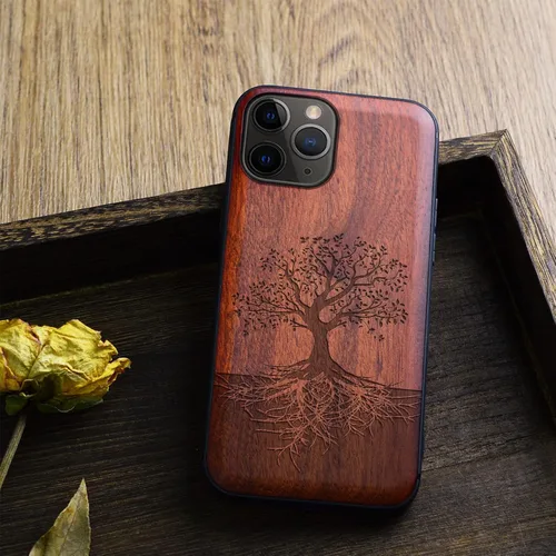 Vista 4 de Carveit Funda de madera para iPhone 11 Pro Max [madera real dura y TPU suave negro] a prueba de golpes, protector de teléfono de madera único