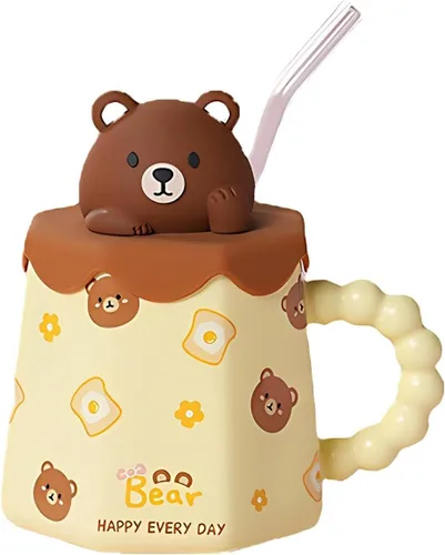 Vista 11 de Taza GawmFoiuy Mark con pajita, taza de cerámica con estampado de animales, 414 ml, tazas de café y té kawaii, tazas de animales divertidas, taza