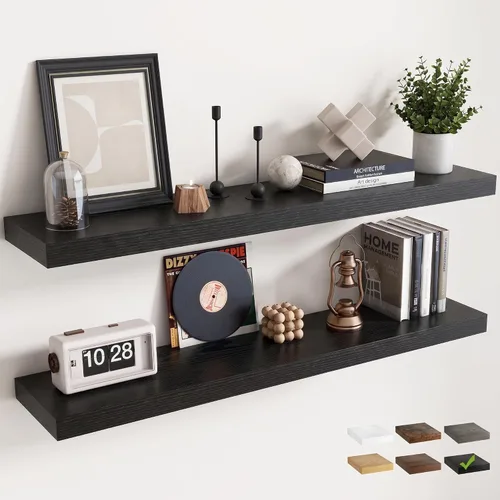 Vista 28 de 16 Inch Floating Shelves for Wall 2 Pack, 8"D Wood Grain Bathroom Shelves Acabado negro