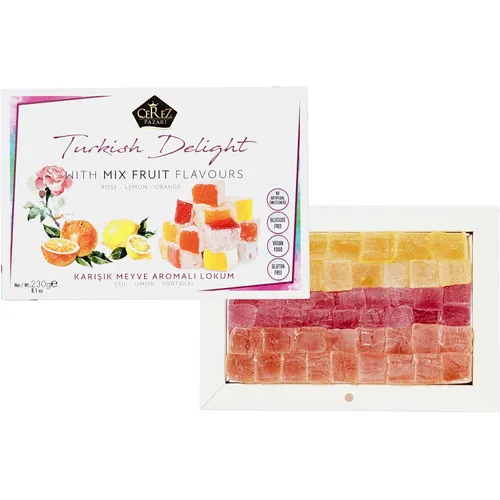Vista 2 de Cerez Pazari Delicia turca con sabores de mezcla de rosa, naranja y limón, 8.1 onzas, caja de regalo gourmet de bocadillos de tamaño pequeño, sin