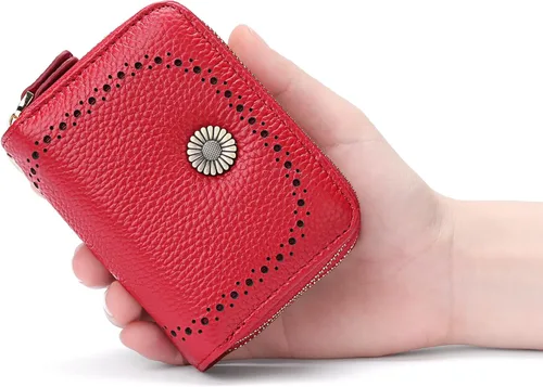 Vista 5 de GOIACII Cartera con tarjetero RFID para mujer, pequeña cartera de piel auténtica con 2 cremalleras
