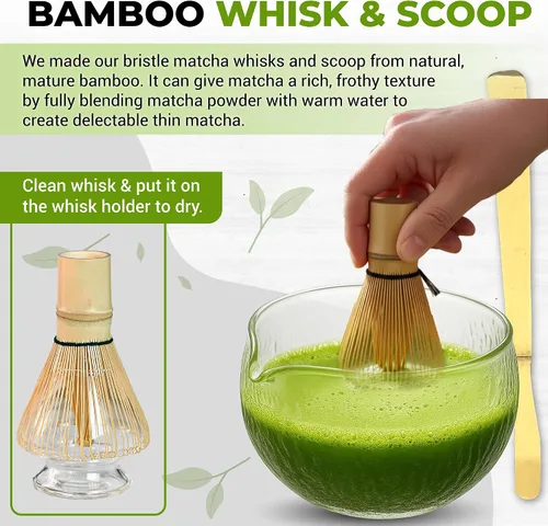 Vista 5 de Juego de batidor Matcha con cuenco Matcha - Juego de Matcha incluye espumador eléctrico, batidor de bambú, cuchara Matcha, soporte de bambú, blanco