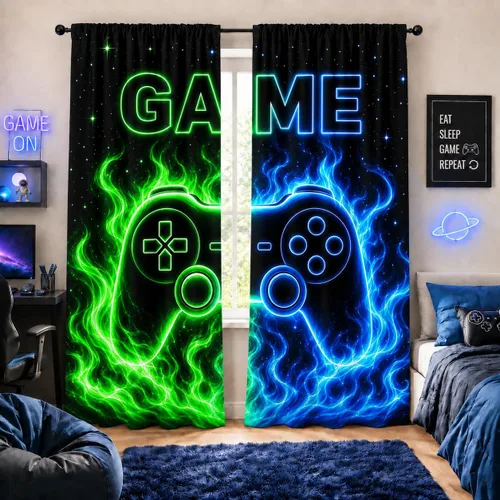 Vista 33 de Cortinas espaciales para ventana gamer con controlador de juego neón y diseño de planeta, cortinas decorativas para dormitorio, sala de juegos, sala