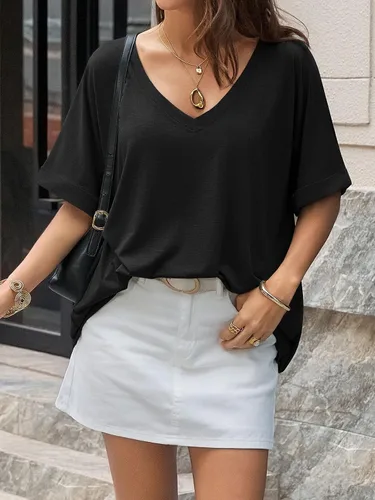 Vista 3 de UNCLECAT Camisetas de gran tamaño con cuello en V para mujer, camisas de manga corta de verano, holgadas, casuales