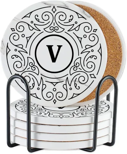 Vista 22 de Onebttl Juego de 6 posavasos con monograma, letra inicial, cerámica, absorbente con base de corcho, decoración del hogar para familia, inauguración