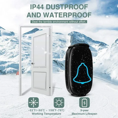 Vista 4 de BO YING - Timbre inalámbrico para puerta, impermeable, fácil de instalar, alcance de 1000 pies, 38 melodías, volumen ajustable y flash LED, 1 botón
