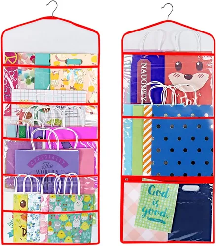 Vista 9 de Bolsa de regalo y almacenamiento de papel de seda, organizador colgante con múltiples bolsillos delanteros y traseros de doble cara, organiza papel