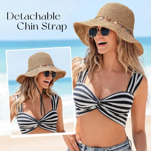 Vista 5 de Trifabricy Sombreros de paja de playa para mujer, sombrero de ala ancha con Shell - Caqui