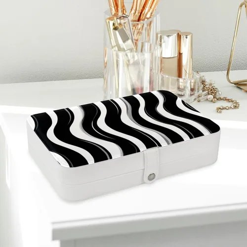 Vista 6 de PU Leather Jewelry Box, Portable Organizer for Women Girls, Travel Case Display Storage Holder for Rings Earrings Necklaces - Black and White Retro