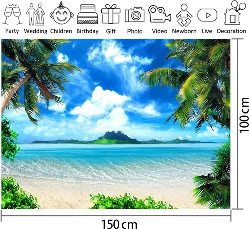 Vista 6 de Fondo de Fotografía Tropical Hawaiano Playa Palmera Cielo Azul y Nubes Blancas Decoración de Fiesta de Boda Telón de Fondo de Fotografía 5x3 pies