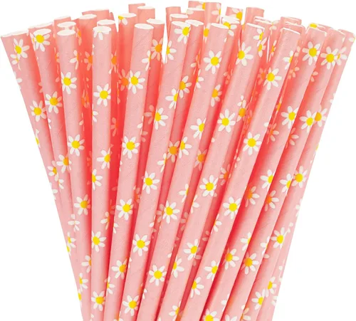 Vista 8 de Whaline 100 popotes de papel desechables con diseño de flores verdes para primavera, verano, cumpleaños, baby shower, suministros de fiesta, jugos