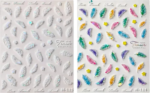 Vista 2 de Calcomanías de uñas de plumas 5D en relieve, color blanco, verde, azul, rosa, cuero, diseño de uñas, grabado de cuero hueco, autoadhesivo, Notas