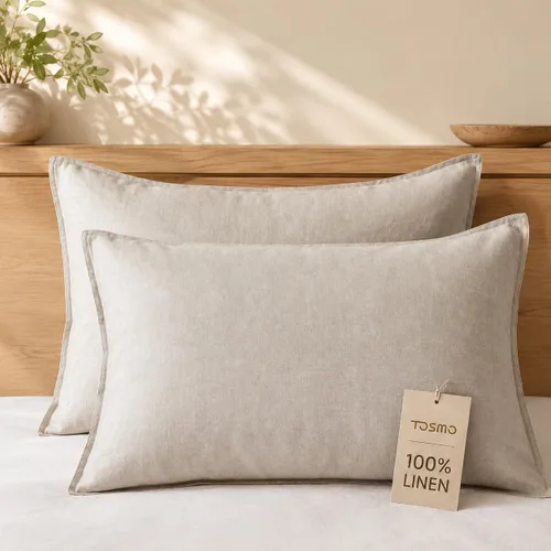 Vista 15 de TOSMO Juego de 2 fundas de almohada 100% lino tamaño estándar, fundas de almohada lavadas a la piedra, cierre de sobre, fundas de almohada suaves
