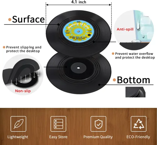 Vista 4 de Divertidos posavasos retro de discos para bebidas con soporte para reproductor de vinilo para amantes de la música, juego de 6 posavasos