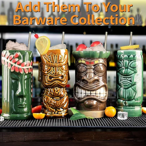 Vista 5 de SuproBarware Tiki - Juego de 8 tazas de cerámica hawaiana para fiestas, tazas de bar Tiki para cócteles, tazas tropicales prémium para fiestas